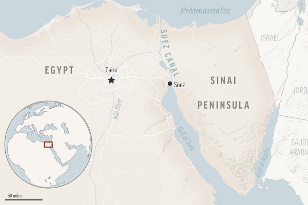 ▲이집트와 수에즈운하 지도. 원 표시가 수에즈운하 초입. AP뉴시스
