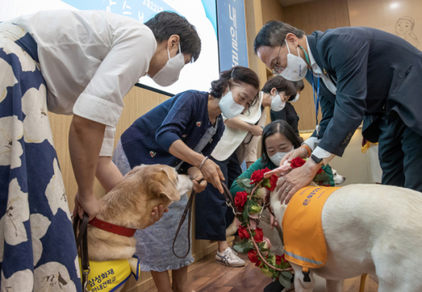 ▲삼성화재안내견학교에서 더불어민주당 박주민 의원(오른쪽)이 6년에서 8년간의 안내견 활동을 마친 은퇴견들을 축하하며 꽃목걸이를 걸어주고 있는 모습. (연합뉴스)