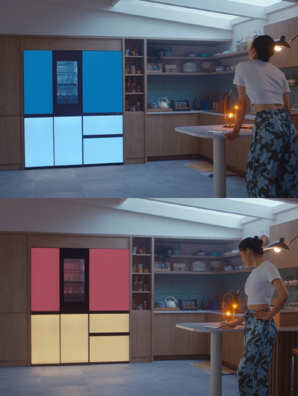 ▲LG전자 모델이 LG 씽큐 앱에서 터치만으로 냉장고 색상을 변경하고 있다. (제공=LG전자)