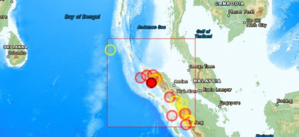 ▲24일 지진이 발생한 인도네시아 수마트라섬 북서부(빨간색 점)
 (유럽지중해지진센터(EMSC) 캡처)