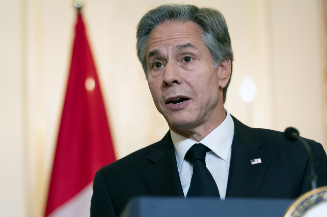 ▲토니 블링컨 미국 국무장관이 9월 30일 미국 워싱턴D.C.에서 멜라니 졸리 캐나다 외무장관과 함께 기자회견을 하고 있다. 워싱턴D.C./AP뉴시스