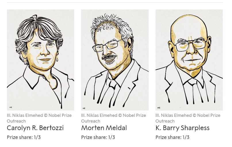 ▲올해 노벨 화학상 수상자. 왼쪽부터 캐롤린 베르토지 미국 스탠퍼드대 교수, 모르텐 멜달 덴마크 코펜하겐대 교수, 미국 스크립스리서치 소속의 K. 배리 샤플리스 석좌교수. 출처 노벨위원회 웹사이트