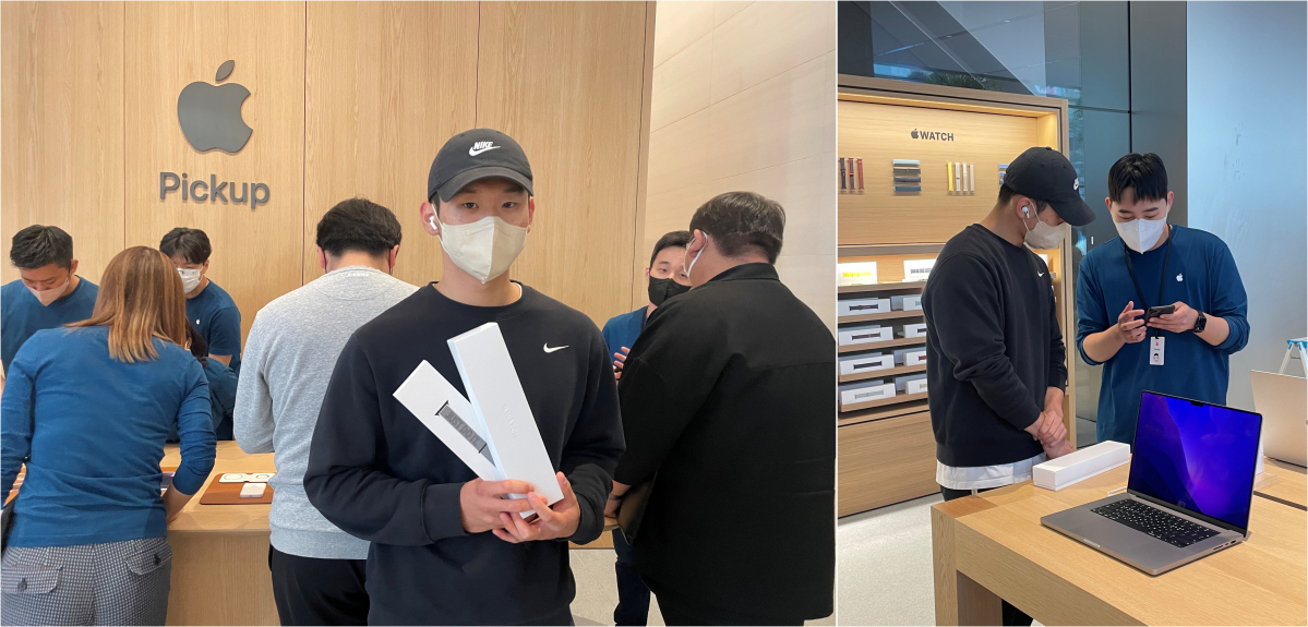 ▲애플 명동 1호 구매 고객인 김민석 씨가 애플 워치8 구매 후 기념 촬영을 하고 있다.  (강태우 기자 burning@)
