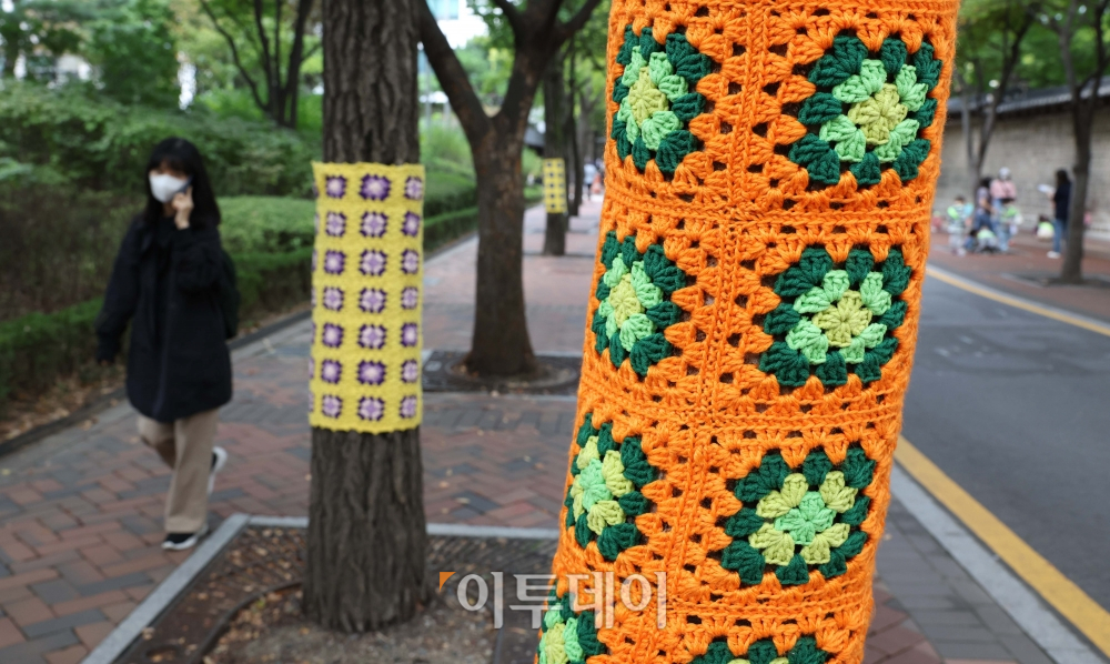 ▲서울 중구 덕수궁 돌담길에 뜨개옷을 입고 겨울나기 준비를 마친 가로수들이 눈길을 끌고 있다. 신태현 기자 holjjak@ (이투데이DB)