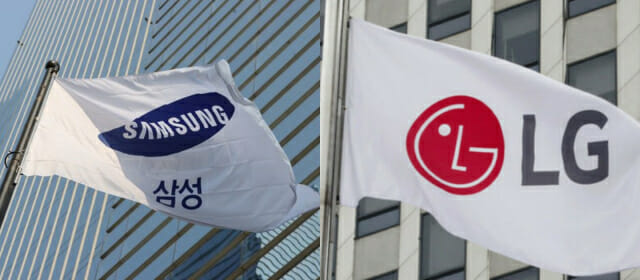 ▲서울 서초구 삼성전자 서초사옥의 삼성전자 깃발(사진 왼쪽)과 서울 영등포구 LG트윈타워 입구에 설치된 LG 깃발 (뉴시스)