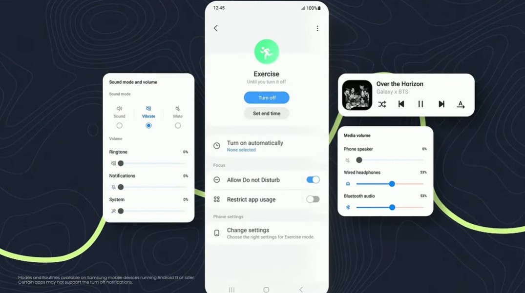 ▲One UI 5는 ‘모드 및 루틴 메뉴’에서 '운동 모드'를 선택하면 달리기나 수영 등을 할 때 모든 알람이 차단되고 보다 운동에 집중할 수 있게 된다. (사진제공=삼성 개발자 유튜브 채널)