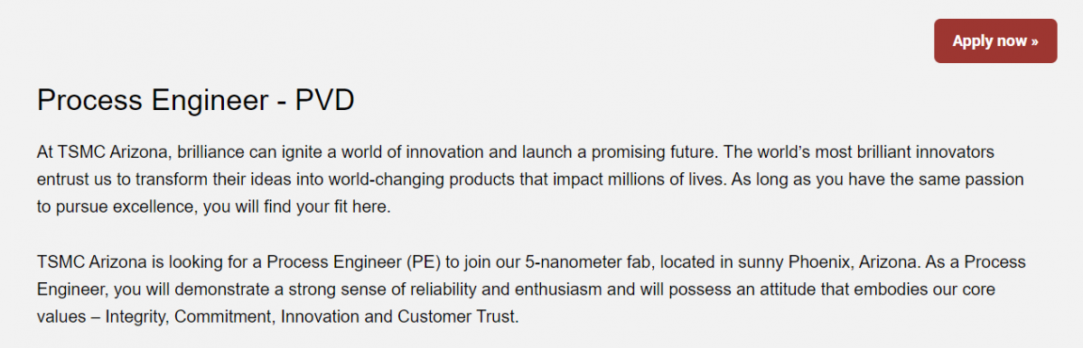 ▲대만 파운드리 업체 TSMC가 홈페이지에 미국 애리조나주 피닉스 공장에서 근무할 인력을 뽑기 위해 채용 공고를 게시했다. (출처=TSMC 홈페이지 캡쳐)
