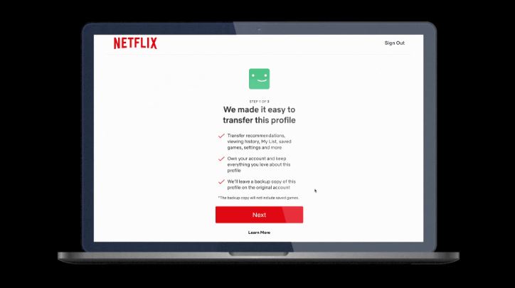 ▲넷플릭스가 17일(현지시간) 도입한 '프로필 전송' 기능에 대한 안내 화면. 출처 테크크런치 캡처