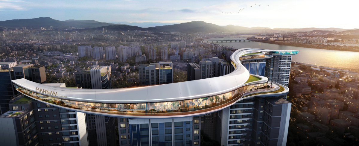 ▲한남써밋 인피니티 스카이 브릿지 외부 전경 (자료제공=대우건설)