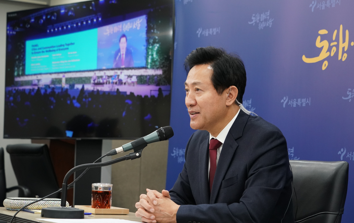 ▲C40 총회에 온라인으로 참석한 오세훈 서울시장. (자료제공=서울시)