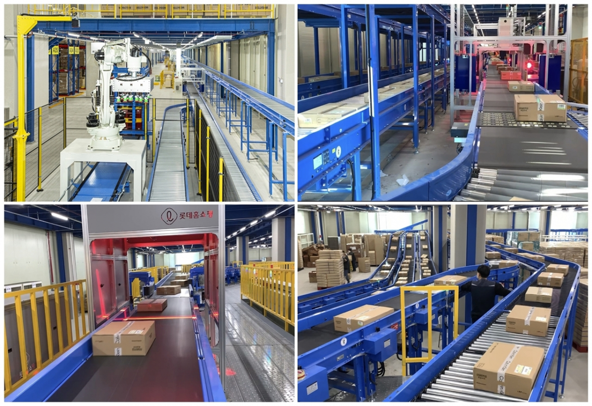▲롯데홈쇼핑 이천 물류센터 자동화 설비 이미지. 상단 좌측부터 '디팔렛타이저', '오토라벨러', 하단 좌측부터 '소터 스캐너', 소터 과정.  (사진제공=롯데홈쇼핑)