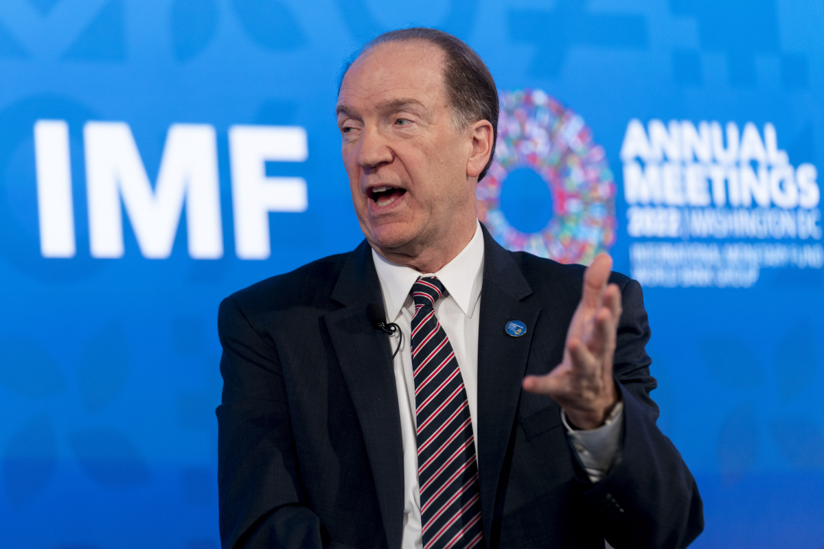 ▲데이비드 맬패스 세계은행(WB) 총재가 12일 연례총회에서 발언하고 있다. 워싱턴D.C.(미국)/AP뉴시스