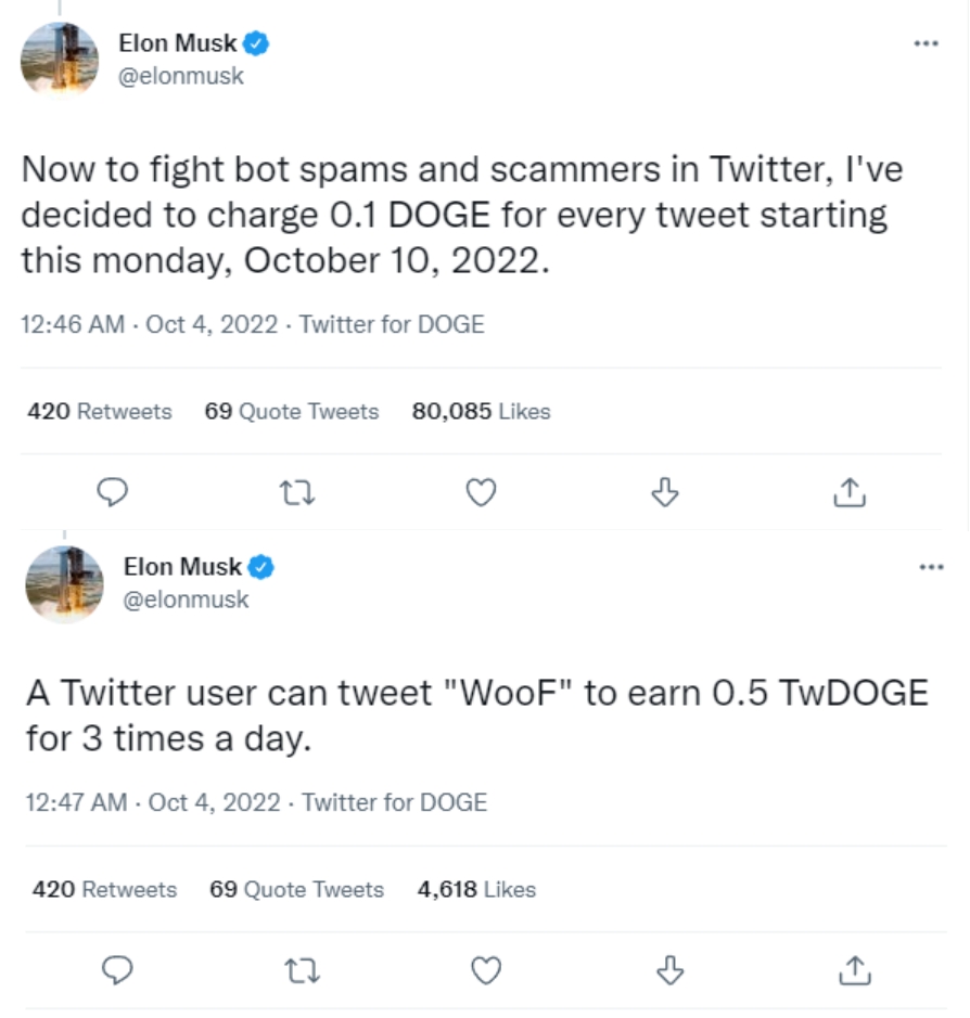 ▲일론 머스크 테슬라 CEO는 지난 4일(현지시각) 트위터에 도지코인 결제를 도입하겠다는 트윗을 남겼다. 현재 해당 트윗은 삭제된 상황이다. (출처='일론 머스크' 트위터)