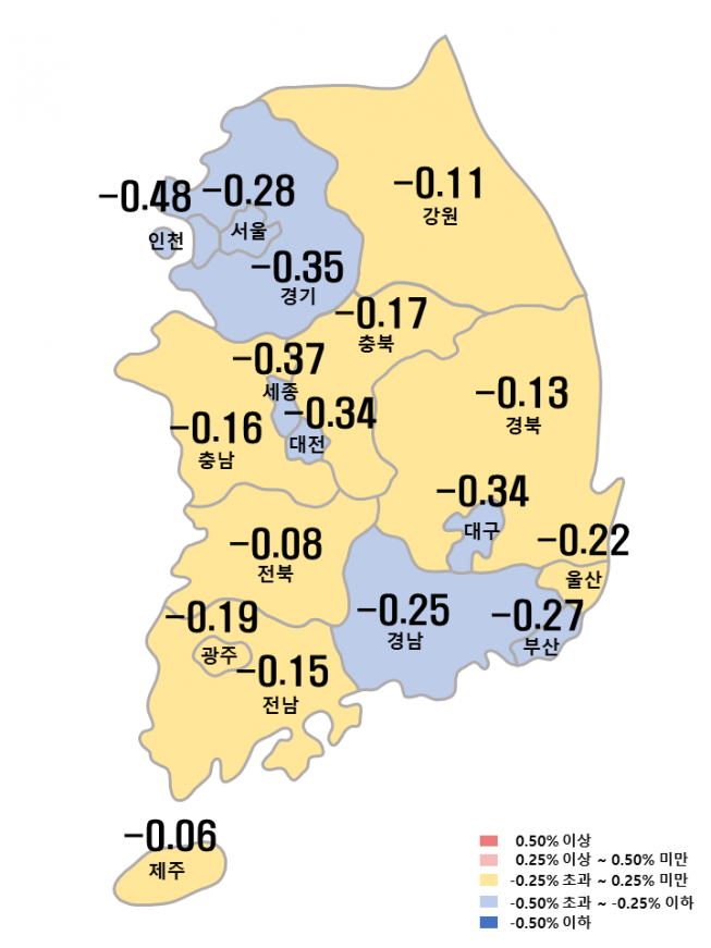 ▲2022년 10월 넷째 주 전국 아파트 매매가격지수 변동률. (자료제공=한국부동산원)