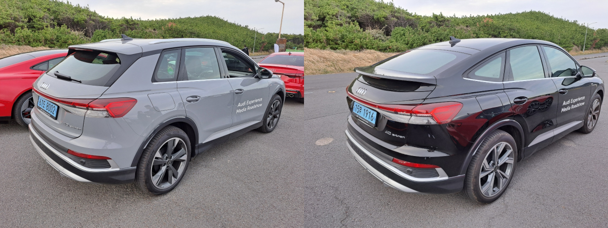 ▲Q4 e-트론(왼쪽)과 Q4 스포트백 e-트론의 후면 디자인 비교. Q4 스포트백 e-트론의 후면이 더욱 날렵한 모습이다 (이민재 기자 2mj@재)