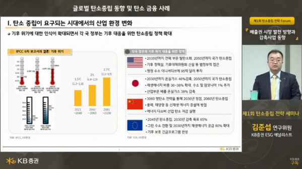 ▲지난 19일 탄소배출권 할당대상업체 등 시장 참여자를 대상으로 한 ‘제1회 탄소중립 전략 포럼’에서 KB증권 ESG 애널리스트 김준섭 연구위원이 강연을 진행하고 있다. (사진=KB증권)