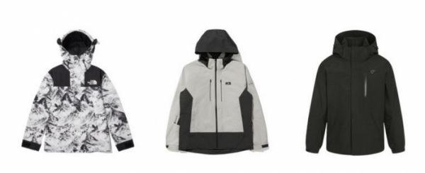 ▲(왼쪽부터)‘노스페이스 노벨티 에코 고어텍스 마운틴 재킷’, ‘K2 ALP 프리즘 고어 재킷’, ‘네파 콘트라 고어 방수 재킷’. (사진제공=각사)