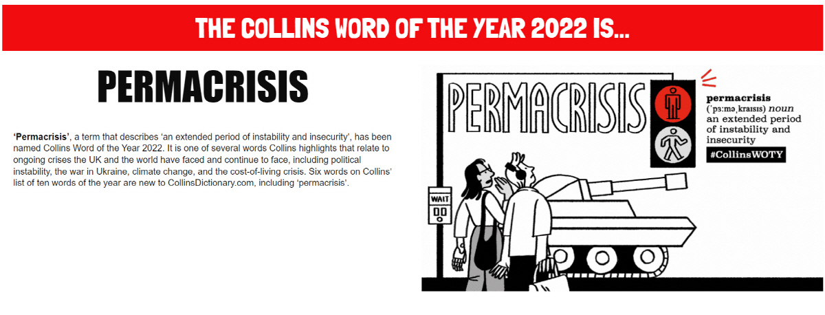 ▲콜린스사전이 공식 웹사이트를 통해 올해의 단어로 선정된 ‘Permacrisis’를 소개하고 있다. 출처 콜린스사전 웹사이트.