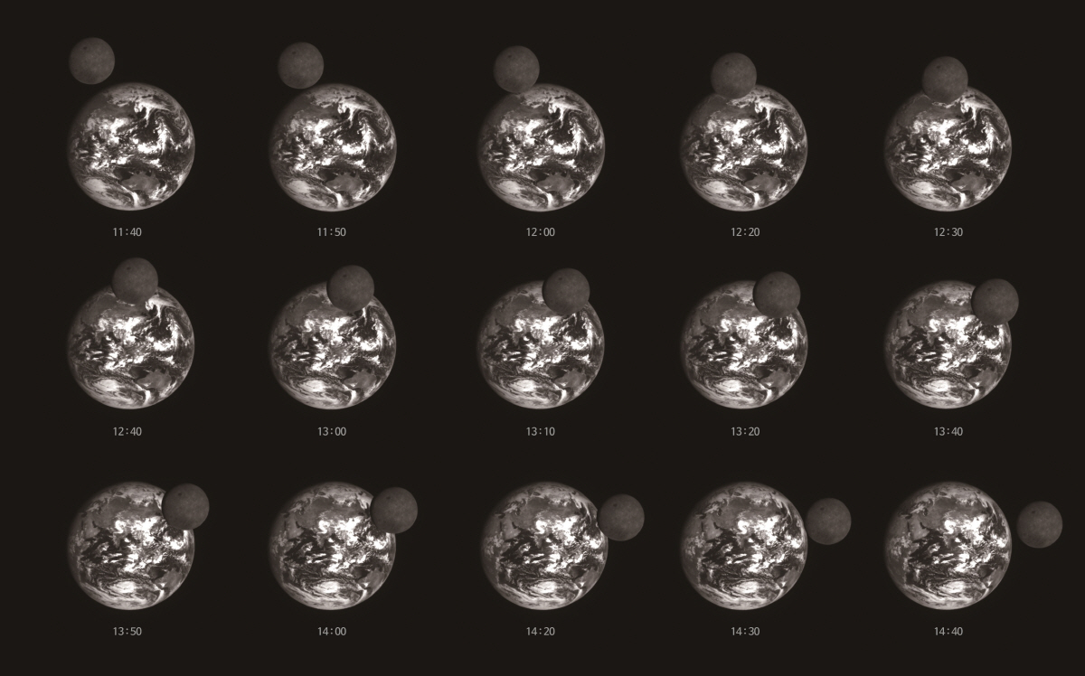 ▲한국 최초의 달 궤도선 다누리가 9월 24일 촬영한 지구-달 공전 사진. 달이 지구를 통과하는 과정이 담겼다.(과학기술정보통신부)