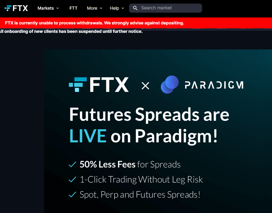 ▲가상자산 거래소 FTX의 홈페이지에는 출금이 중단됐으며, 입금을 절대 하지 말라는 경고 문구가 나온다.(FTX 홈페이지 캡처)
