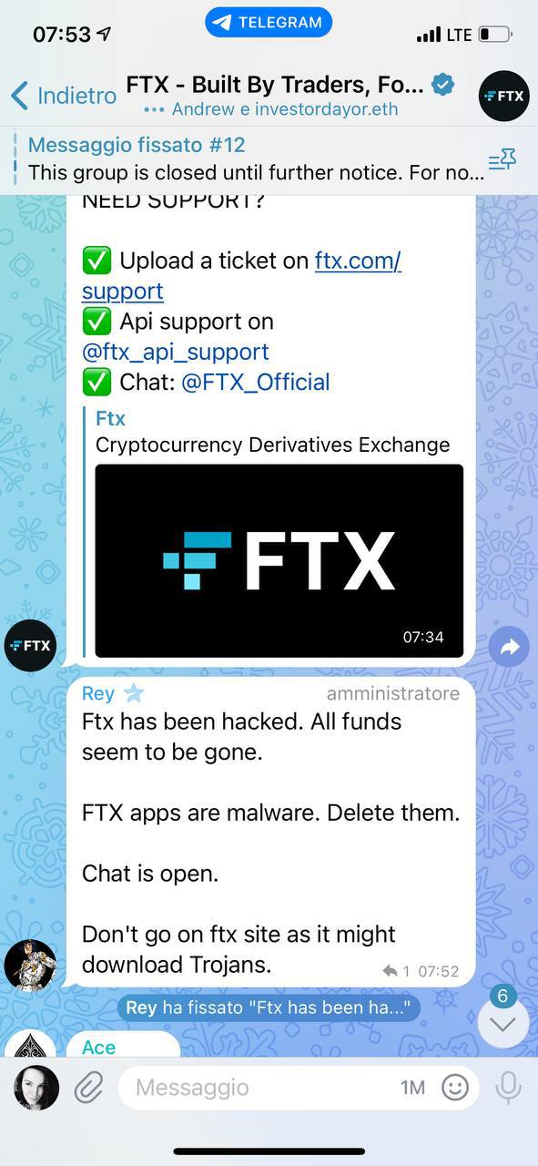 ▲FTX 공식 텔레그램에서 해킹 사실을 인정했다. (출처=텔레그램)