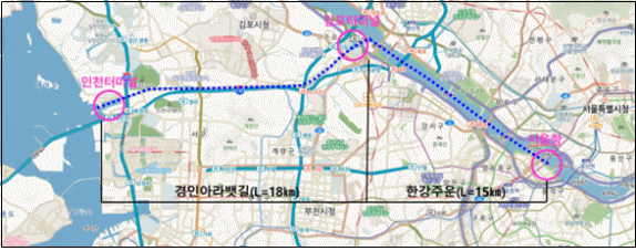 ▲한강~경인아라뱃길을 잇는 유람선 경로. (자료제공=서울시)