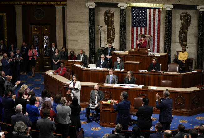 ▲17일(현지시간) 낸시 펠로시 미국 하원의장이 연설하고 있다. 워싱턴D.C.(미국)/AP뉴시스