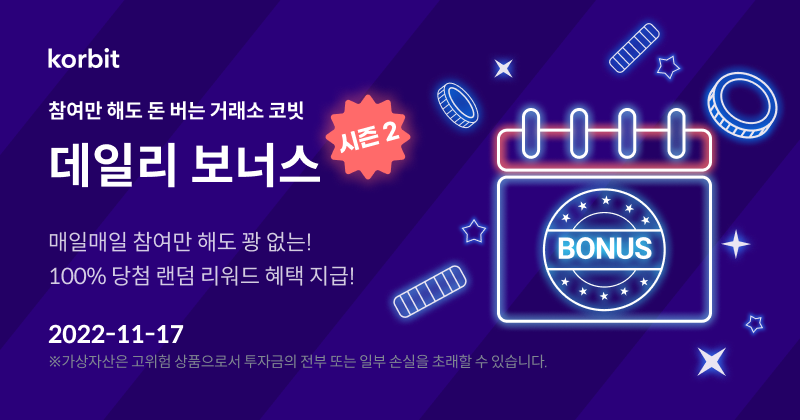 ▲코빗이 데일리 보너스 시즌 2를 오픈한다고 21일 밝혔다. (사진=코빗)