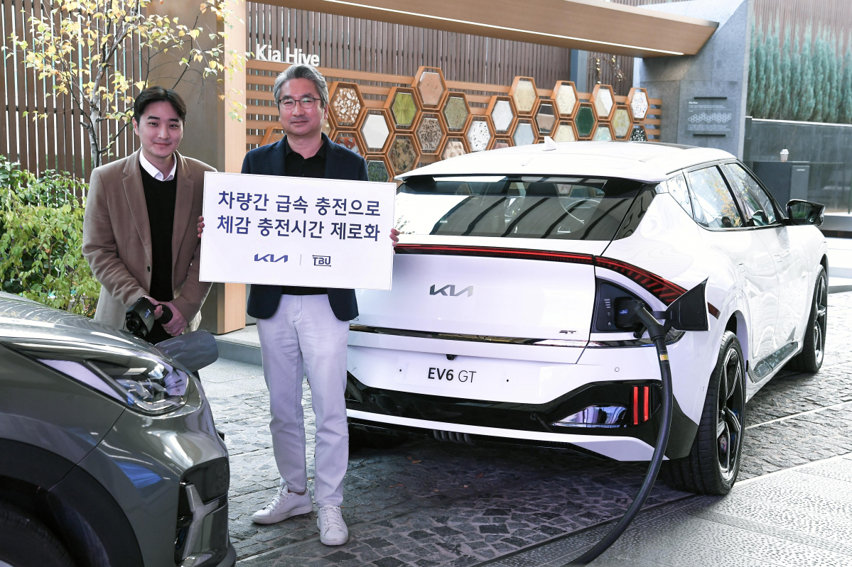 ▲백상진(왼쪽) 티비유 대표와 윤승규 기아 국내 e비즈솔루션 실장이 V2V 실증 업무협약을 체결한 뒤 기념사진 촬영에 나서고 있다. (사진제공=기아)