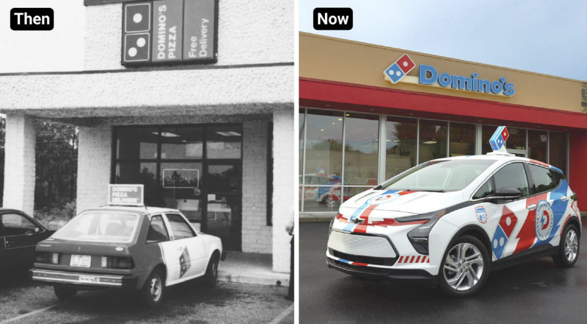 ▲도미노 배달 자동차 비교 사진. 왼쪽은 기존 휘발유차, 오른쪽은 전기차 쉐보레 볼트. 출처 도미노피자 페이스북