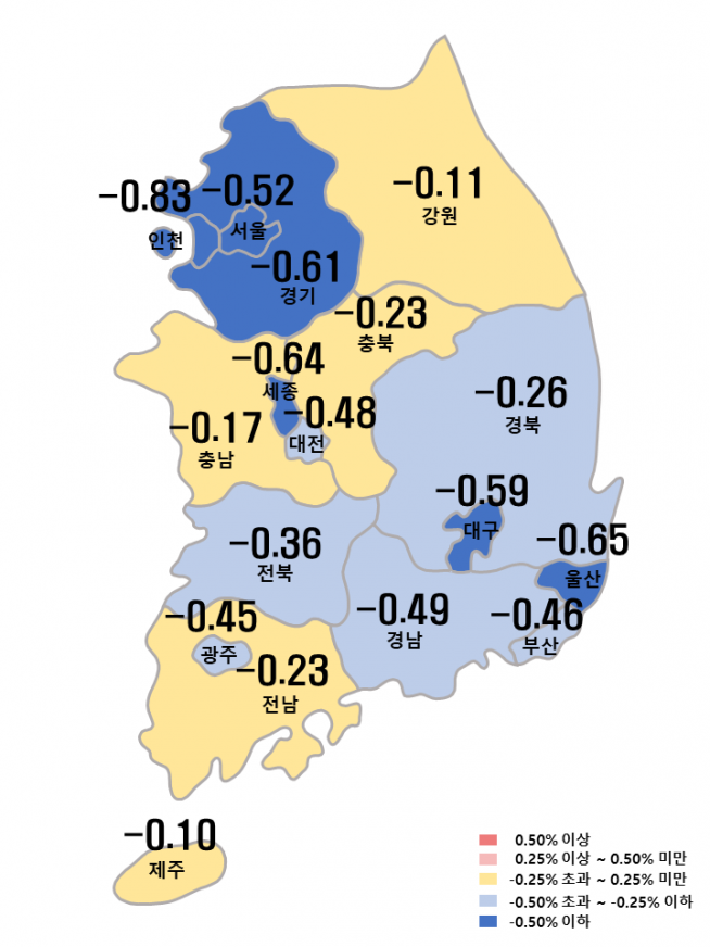 ▲2022년 11월 셋째 주 전국 아파트값 변동률 (자료제공=한국부동산원)