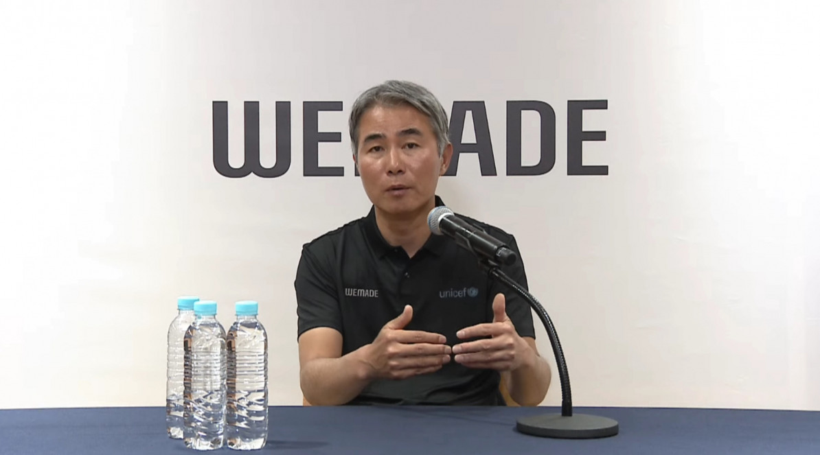 ▲지난 5월 24일 장현국 위메이드 대표가 온라인 간담회에서 사업 방향과 비전에 대해 설명하고 있다. (출처=위메이드 온라인 간담회 캡쳐)