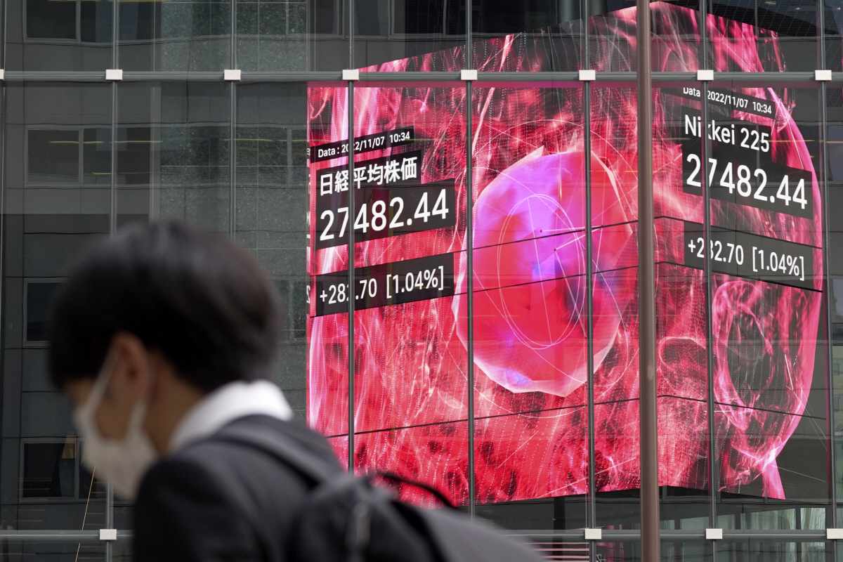 ▲일본 도쿄의 한 증권사 전광판에 닛케이225지수 현황이 표시돼 있다. 도쿄/AP뉴시스