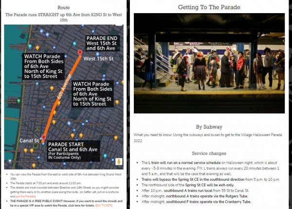 ▲행진 거리와 대중교통 이용 방법을 안내하는 전용 웹페이지 게시물(출처=‘VILLAGE HALLOWEEN PARADE’ 웹페이지 캡처)
