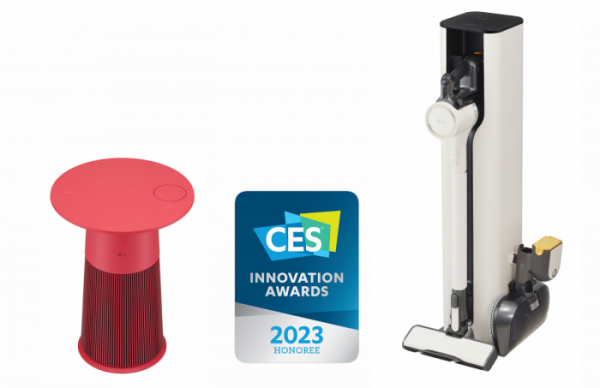▲(왼쪽부터) 'CES 2020 혁신상'을 받은 신개념 테이블형 공기청정기 'LG 퓨리케어 에어로퍼니처'와 프리미엄 무선청소기 'LG 코드제로 A9S'. (사진제공=LG전자)