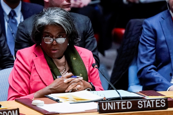 ▲린다 토머스-그린필드 주유엔 미국대사가 지난달 5일 유엔 안전보장이사회에서 발언하고 있다. 뉴욕(미국)/로이터연합뉴스
