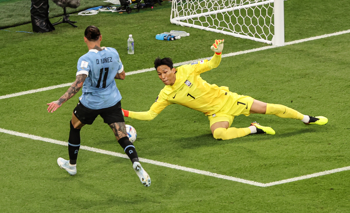 ▲지난달 24일 우루과이전에서 몸을 날려 공을 막는 김승규(연합뉴스)
