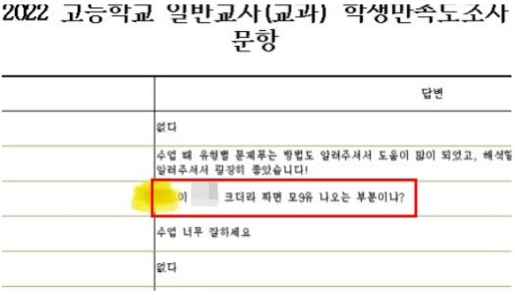 ▲세종의 한 고등학교에서 실시한 교원평가에서 한 학생이 교사의 이름, 신체 부위를 언급하며 모욕적인 성희롱 발언을 한 사실이 확인됐다.  (트위터 '교원평가 성희롱 피해 공론화' 캡처)