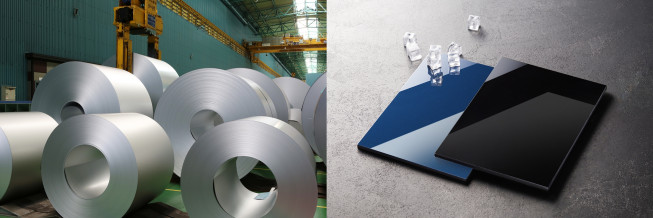 ▲환경성적표지인증을 취득한 동국제강 도금강판 제품과 럭스틸 제품. (사진제공=동국제강)