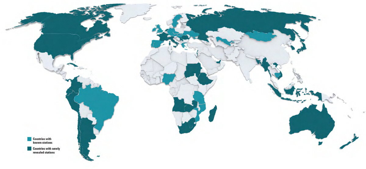 ▲전 세계 중국 비밀경찰서 분포도. 짙은 녹색: 기존 확인된 국가. 옅은 녹색: 새로 확인된 국가. 출처 세이프가드 디펜더스 보고서.