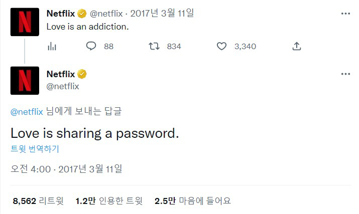 ▲2017년 3월 넷플릭스는 공식 트위터를 통해 “사랑은 비밀번호를 공유하는 것(Love is sharing a password)”이라고 말해 큰 2만5000명에게 호응을 얻었다.(출처=넷플릭스 트위터 캡처)