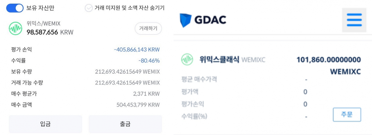 ▲장현국 위메이드 대표는 지난 4월부터 급여 및 배당금을 사용해 위믹스를 매입해 오고 있다. 지난 9차까지 매입한 위믹스 21만2693개(왼쪽)와 이번에 매입한 10만1860개, 총 31만4553개를 보유 중이다. (사진제공=위메이드)