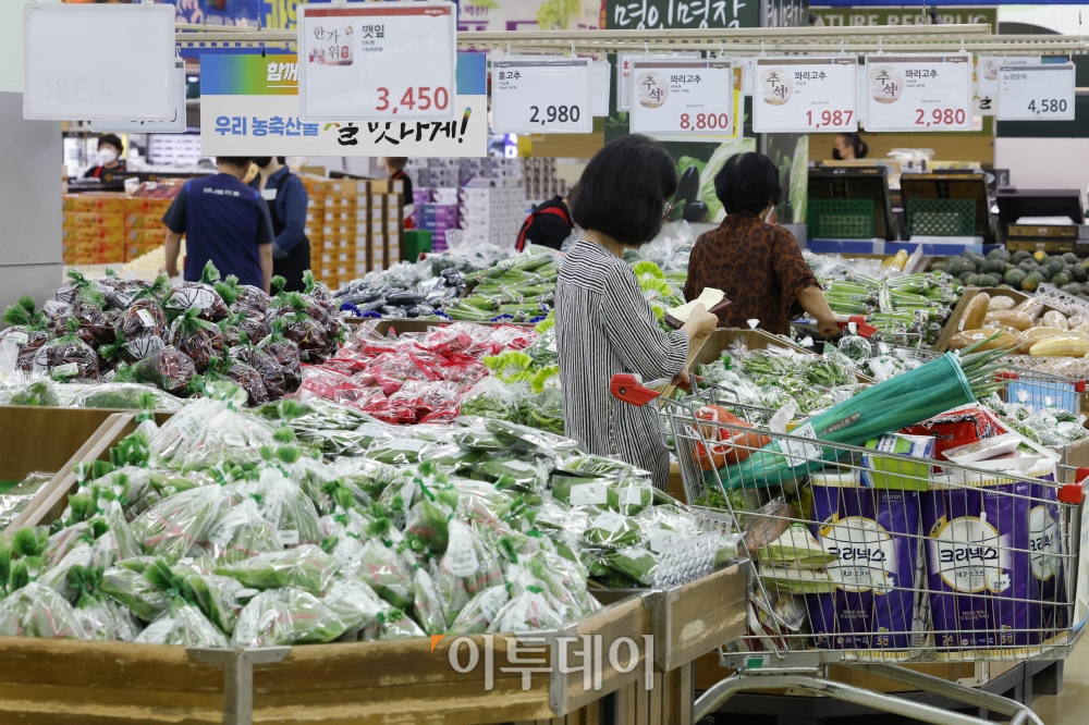 ▲소비자물가 상승세가 둔화했으나 8월 먹거리 물가는 상승하면서 13년 4개월만에 최고치를 기록했다. 5일 서울 시내의 한 대형마트에서 시민들이 장을 보고 있다. 이날 통계청 국가통계포털에 따르면 지난달 먹거리 물가는 1년 전보다 8.4% 상승했다. 이는 2009년 4월(8.5%) 이후 13년 4개월 만에 최고 상승률로 2020년 가중치를 기준으로 집계했을 때 8월 먹거리 물가 지수는 113.57 기록했다. 조현호 기자 hyunho@ (이투데이DB)