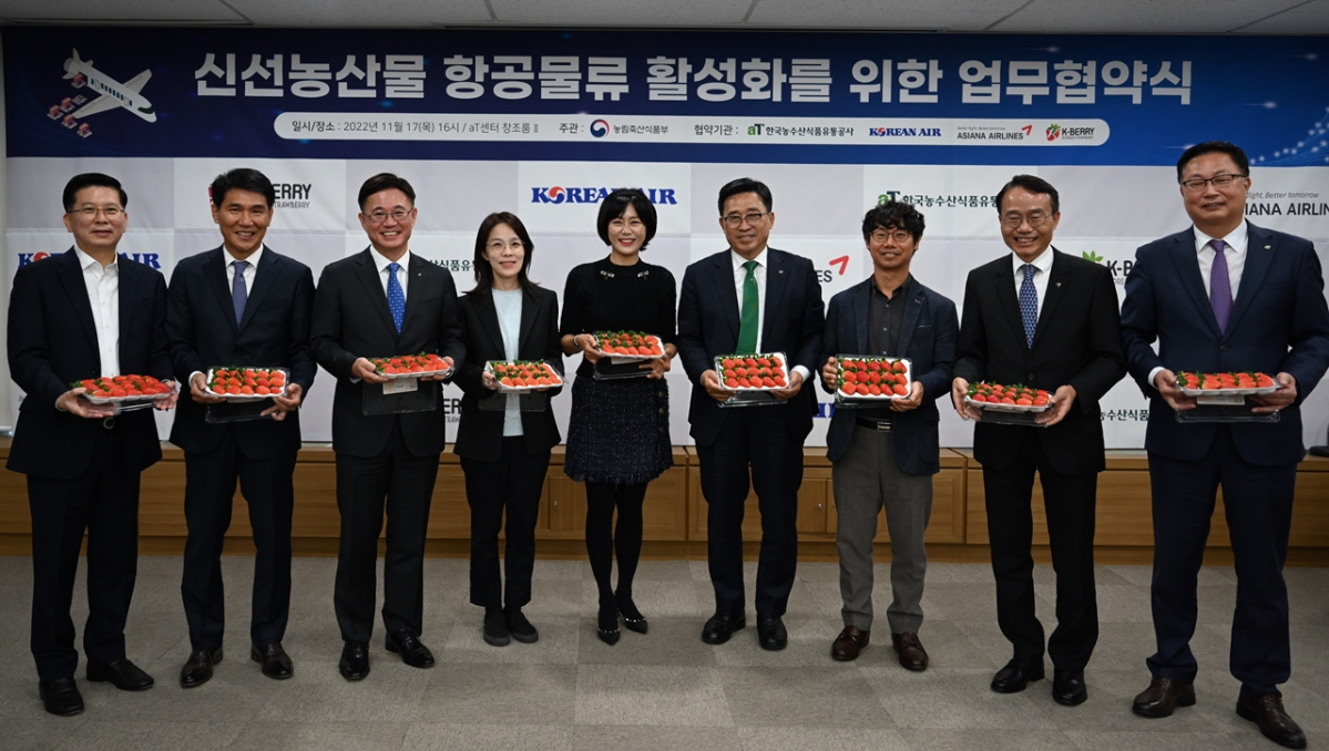 ▲올해 11월 김춘진 한국농수산식품유통공사 사장(왼쪽에서 6번째)이 대한한공, 아시아나, 케이베리(K-berry) 관계자들과 동남아 딸기 수출을 위한 전용 항공기 운항 MOU를 체결하고 있다. (사진제공=한국농수산식품유통공사(aT))