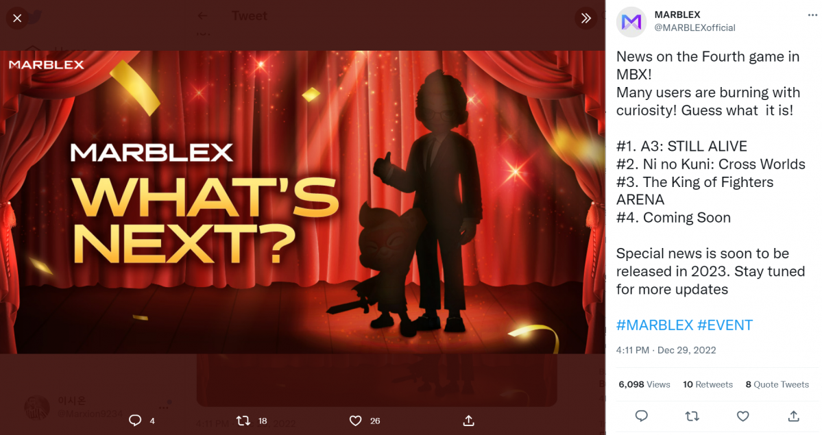 ▲29일 마브렉스는 공식 트위터를 통해 네 번째 게임의 출시가 임박했음을 알리는 게시물을 올렸다. (출처=마브렉스 공식 트위터)