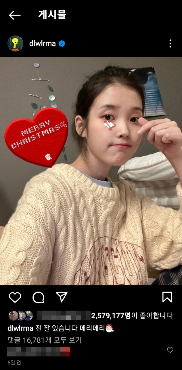 ▲크리스마스 당일(25일) 아이유가 인스타그램에 업로드한 사진. (출처=아이유 인스타그램)