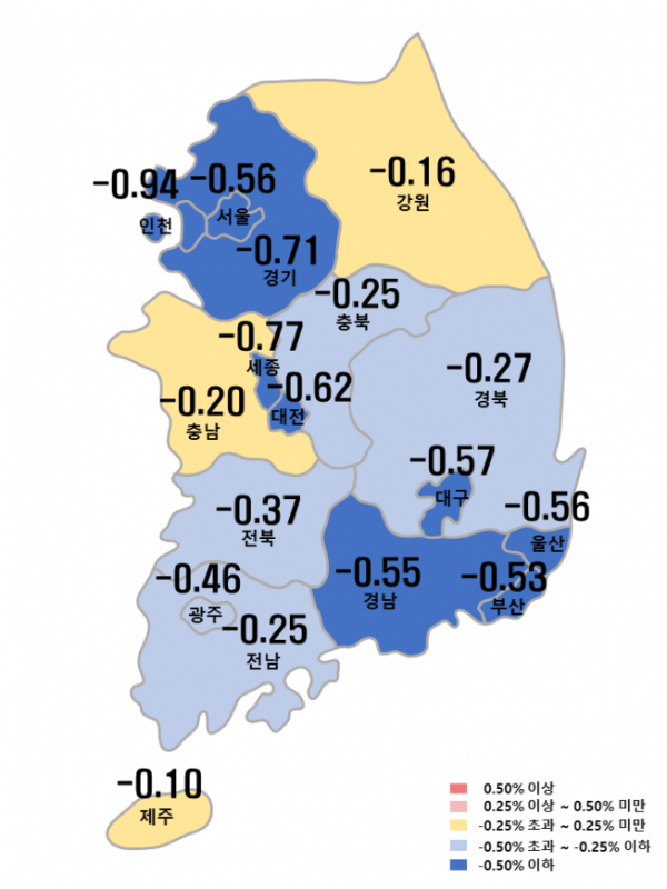 ▲2022년 11월 마지막 주 아파트 매매가격 변동률 (자료제공=한국부동산원)