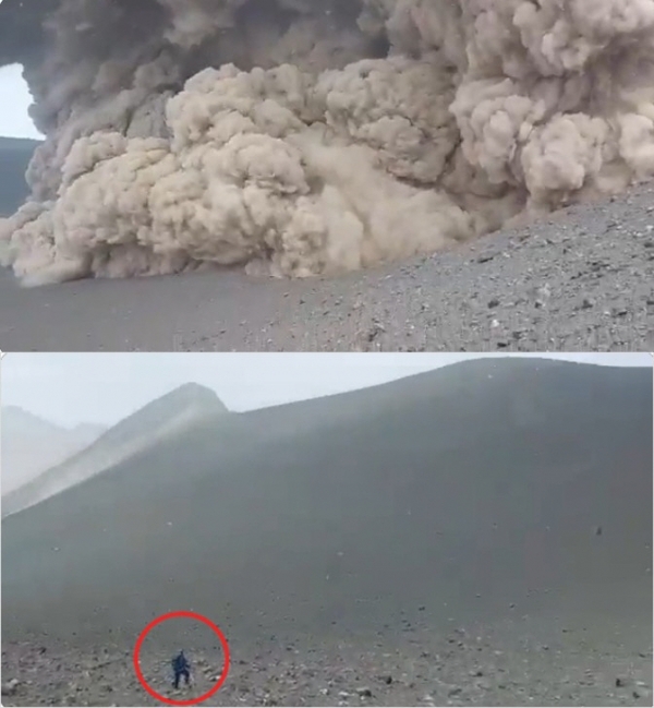 ▲A씨가 촬영한 라스카 화산의 연기 기둥 폭발 장면(출처= 트위터 @RedGeoChile)
