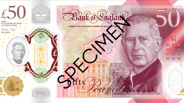 ▲영란은행이 20일(현지시간) 찰스 3세 영국 국왕의 초상화가 담긴 새 지폐를 공개했다. 출처 영란은행
