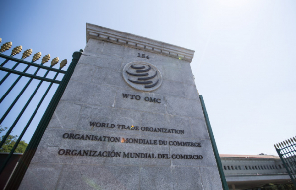 ▲세계무역기구(WTO) 본부 입구에 WTO 로고가 보이고 있다. 제네바(스위스)/신화뉴시스